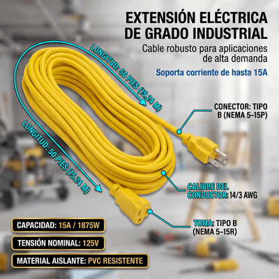 1_3S400 Extensión Eléctrica de Uso Rudo Aterrizada 15 metros / 127 V CA 10 A Máximo / Color Amarillo. SYS-136174 4