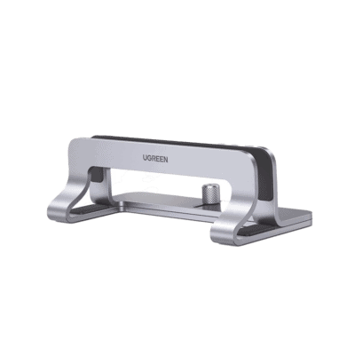 Soporte Vertical para Laptop / Adecuado para escritorio / Anchura Ajustable (12-26mm) / Amplia compatibilidad / Anti-Arañazos / Anti-Deslizante /Ajustable Mediante Tornillos / Color Plata / Aluminio + Silicona