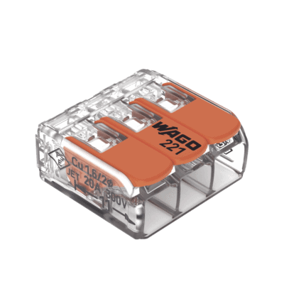 Borna de Conexión con Palancas, 3 Conductores, 4 mm² Máximo, CAGE CLAMP, Transparente, 32A 450V, T85, Palanca Naranja