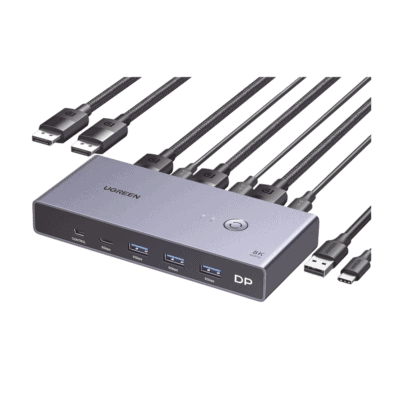 Conmutador KVM DisplayPort 8K | DP 1.4 | 2 Entradas 1 Salida | 4 Puertos USB 3.0 (3 USBA *1 USBC) | Soporta 8K@60Hz | HDR | Control de Escritorio | Carcasa de Aluminio | Indicador Led | Compatible Win, MacOs y Linux.