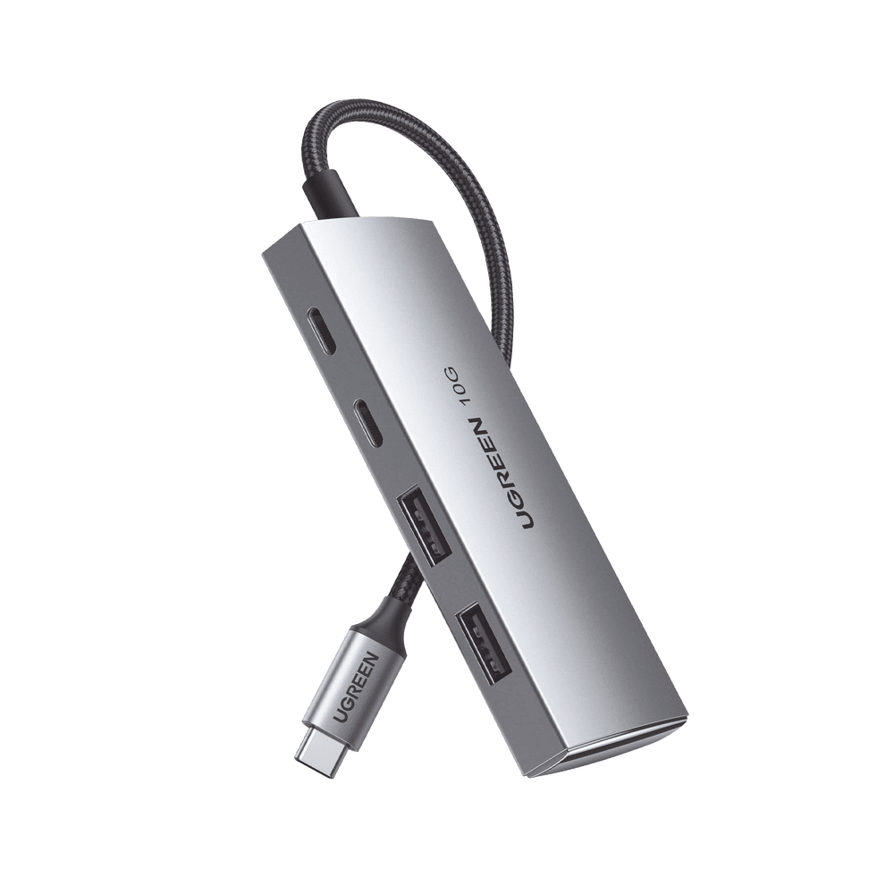 30758-l HUB USB-C 3.2 4 en 1 | 2 Puertos USB-C 3.2 (10 Gbps) | 2 Puertos USB-A 3.2 (10 Gbps) | Admite OTG | Compatible con MacBook, Chormebook, iMac, iPad Pro, iOS, Windows, Mac OS, Android | Carcasa de Aluminio | Nylon Trenzado. 30758 1