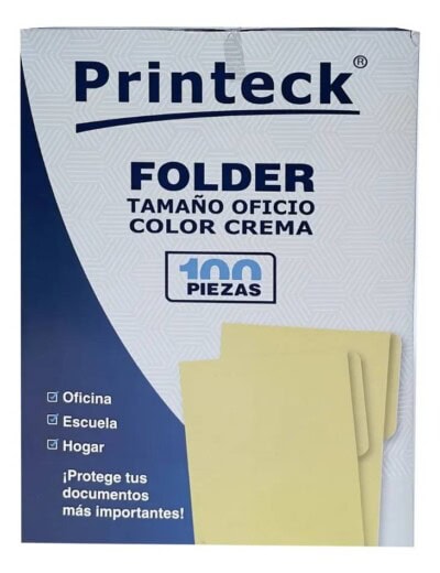 Folder Printeck Oficio color crema C/100 8-041-1 Dimensiones 24.2 cm de largo y 36.2 cm de ancho 4.5 de lomo capacidad de 50 hojas