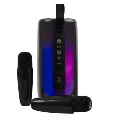 Bocina portátil transparente con micrófonos 15W Contra Agua Cosmo Color Negro | PERFECT CHOICE