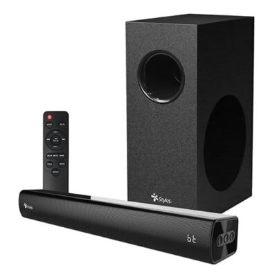 Barra de Sonido 2.1 Stylos STAB210B, conectividad múltiple Bluetooth, HDMI ARC, USB, Entrada AUX 3.5 mm