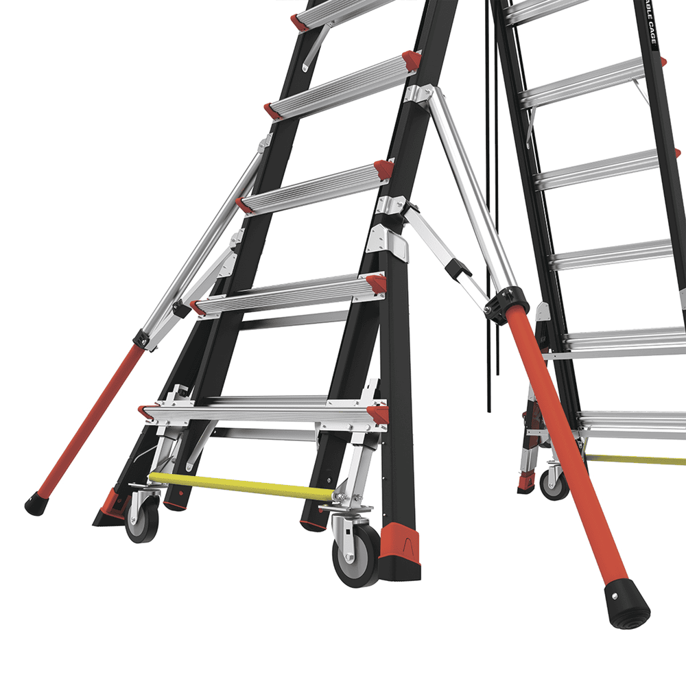 CAGE8FTR-AD-10-l Escalera de Fibra de Vidrio con Jaula de 8'-14' (2.44 - 4.27 m). Con Ajuste en Ruedas (RATCHET™ Leveler) (SKU:18515-817). CAGE8FTR 14