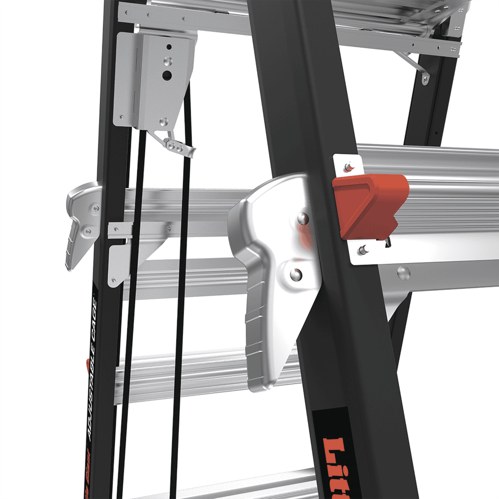 CAGE8FTR-AD-14-l Escalera de Fibra de Vidrio con Jaula de 8'-14' (2.44 - 4.27 m). Con Ajuste en Ruedas (RATCHET™ Leveler) (SKU:18515-817). CAGE8FTR 18