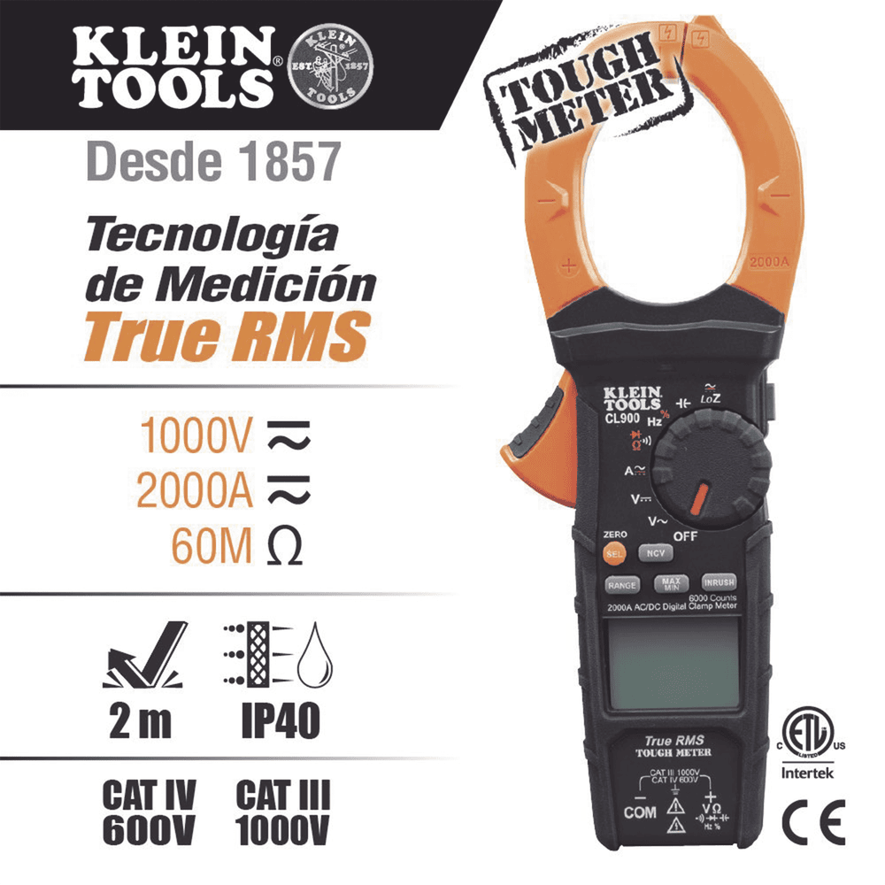 CL900-AD-3-l-1 Amperímetro Digital de Gancho de Rango Automático de 2000 A CA, con Media Cuadrática Real y Baja Impedancia (LoZ). CL900 6