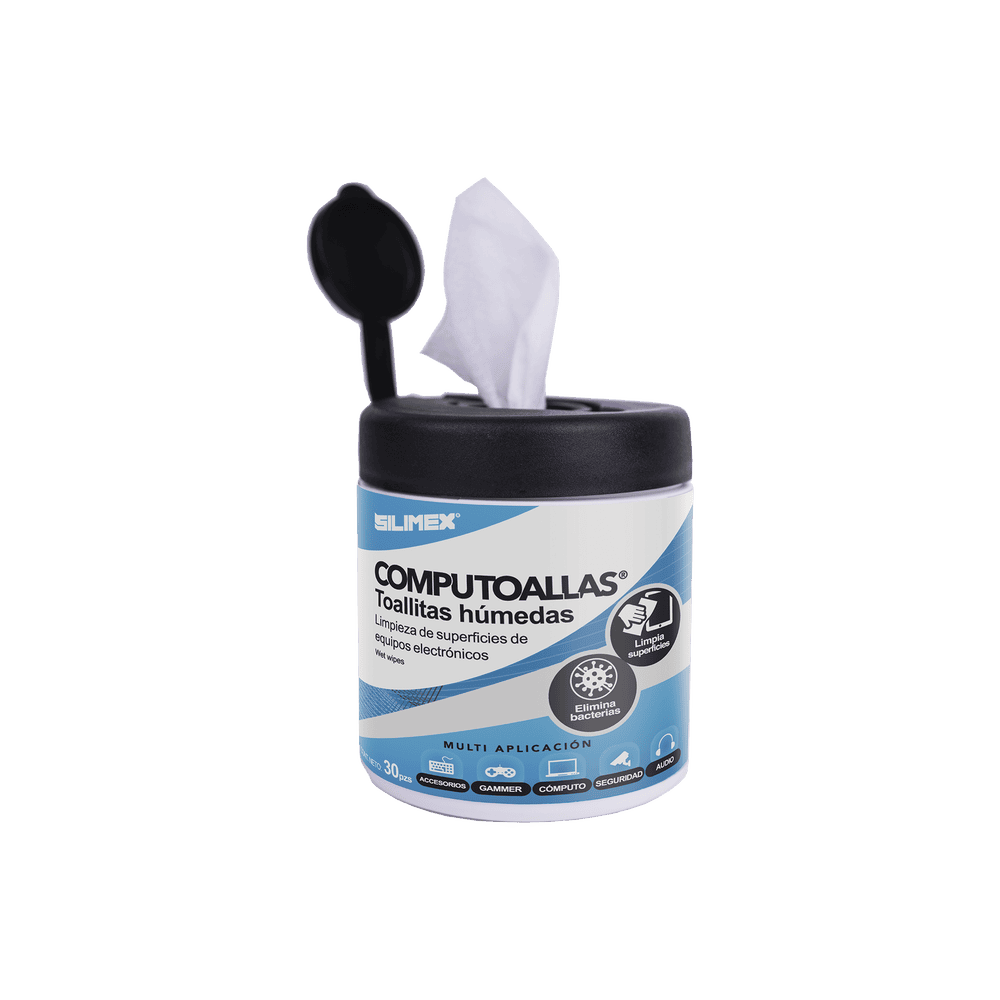 COMPUTOALLAS-l Toallas húmedas antibacteriales, para limpieza de gabinetes, equipos de cómputo, audio, vídeo y telefonía, 30 piezas COMPUTOALLAS 1
