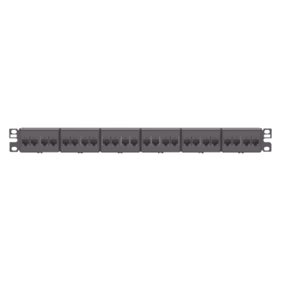 Panel de Parcheo con 24 Acopladores Mini-Com, Plano, Categoría 6, de 1 UR, Color Negro