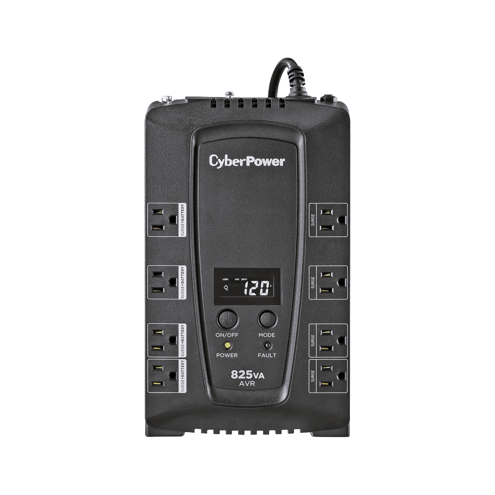 CP825AVRLCDA-FRENTE-l UPS de 825 VA/450 W, Topología Línea Interactiva, Entrada 120 Vca NEMA 5-15P, Tipo Gabinete Compacto, Con 8 Tomas NEMA 5-15R CP825AVRLCDA 2