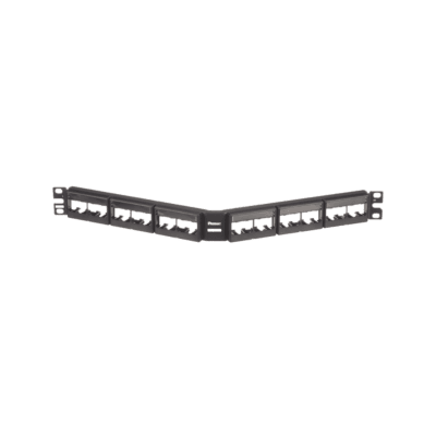 Panel de Parcheo Modular Mini-Com (Sin Conectores), Angulado, Sin Blindaje, Con Etiqueta y Cubierta, de 24 Puertos, 1UR
