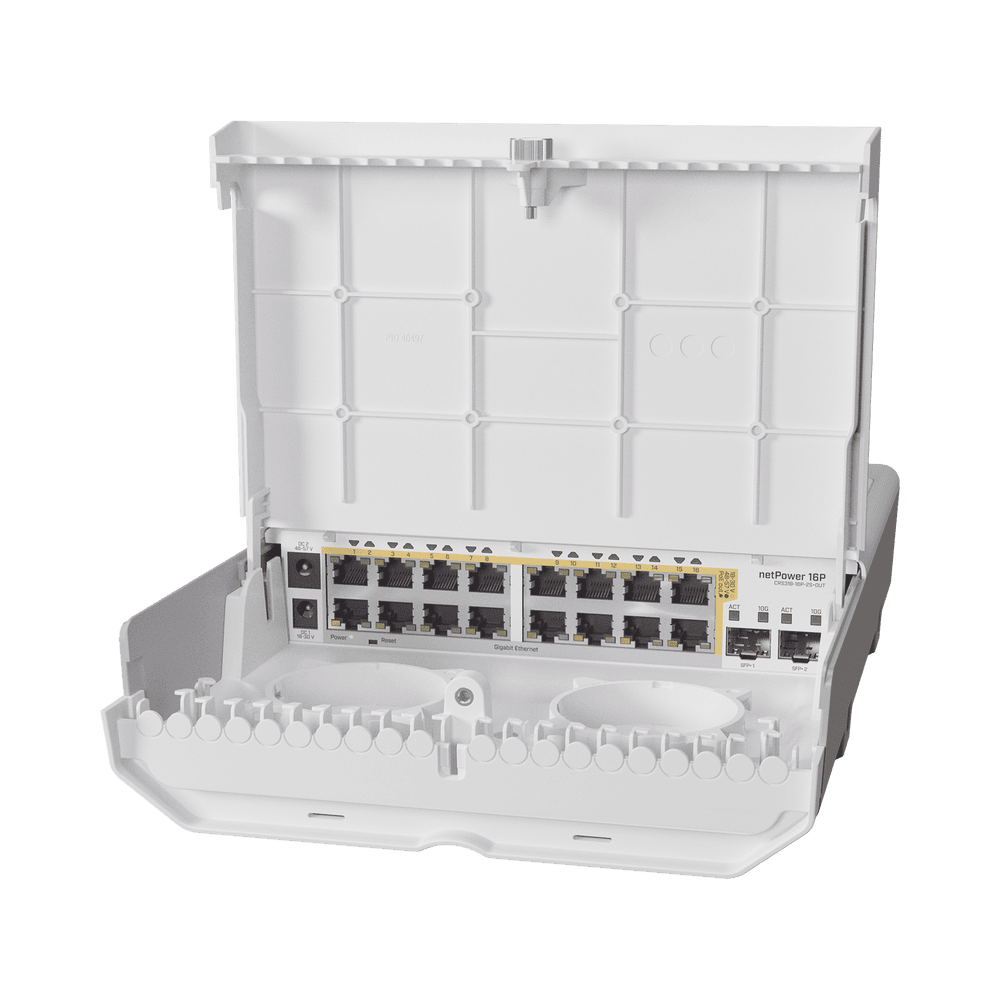 CRS31816P2SPLUSOUT-l (netPower 16P) Switch administrable Sistema Operativo Dual, 16 puertos c/PoE, 2 puertos 10G SFP+ para Exterior CRS318-16P-2S+OUT 1