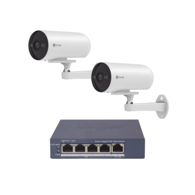 Kit de cámaras PoE Para Uso en Exterior / PoE Estandar Af / 2 piezas CS-H5/3MP/ 1 Pieza de Switch DS-3E1505P-EI/M / Vision Nocturna a Color / IP67 / Audio Bidireccional / Luz y Sirena / 4 Puertos 1000 Mbps PoE+ / 1 Puerto 1000 Mbps Uplink
