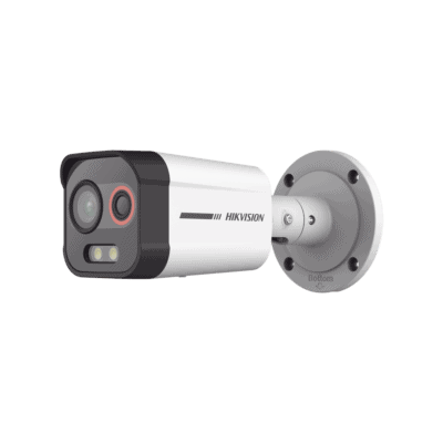 Cámara Bala IP Térmica y Óptica Biespectral / Detección Térmica de Incendios y Humos / Medición de Temperaturas / Alcance hasta 20.3 m / Térmica 96 x 72 / Óptica 4 MP ColorVu / IP67 / Audio y Alarma