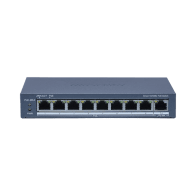 Switch PoE+ / Monitoreable / 8 Puertos 10/100 Mbps PoE+ / 1 Puerto 1000 Mbps de Uplink / Configuración Nube Hik-PartnerPro / Modo Extendido hasta 300 Metros / 110 W