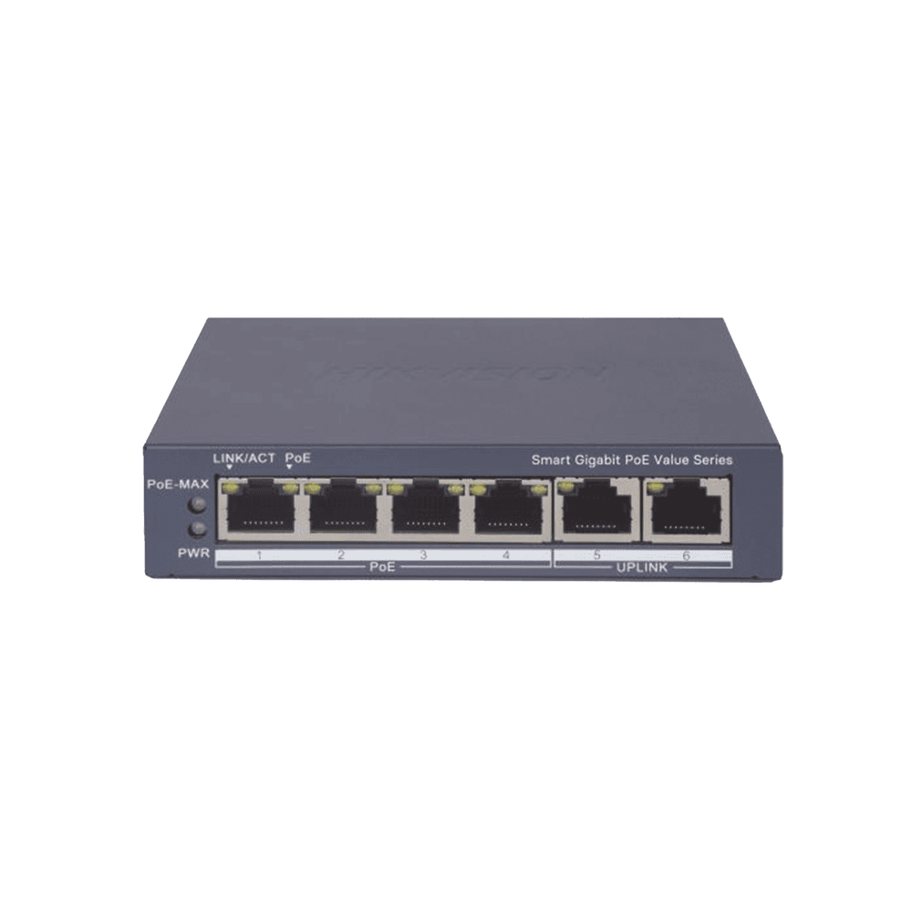 DS3E1506PEI_M-l Switch Gigabit PoE+ / Administrable / 4 Puertos 1000 Mbps PoE+ / 2 Puertos 1000 Mbps Uplink / Configuración Nube Hik-PartnerPro / Modo Extendido hasta 300 Metros / 45 Watts DS-3E1506P-EI/M 1