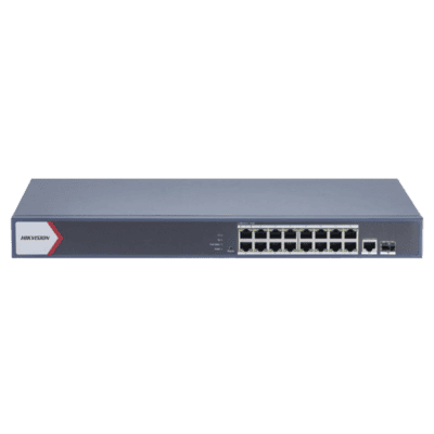 Switch Gigabit PoE+ / Monitoreable / 16 Puertos 1000 Mbps PoE+ / 1 Puerto 1000 Mbps de Uplink / 1 Puerto SFP /  Configuración Nube desde Hik-PartnerPro / Modo Extendido hasta 300 Metros / 130 Watts