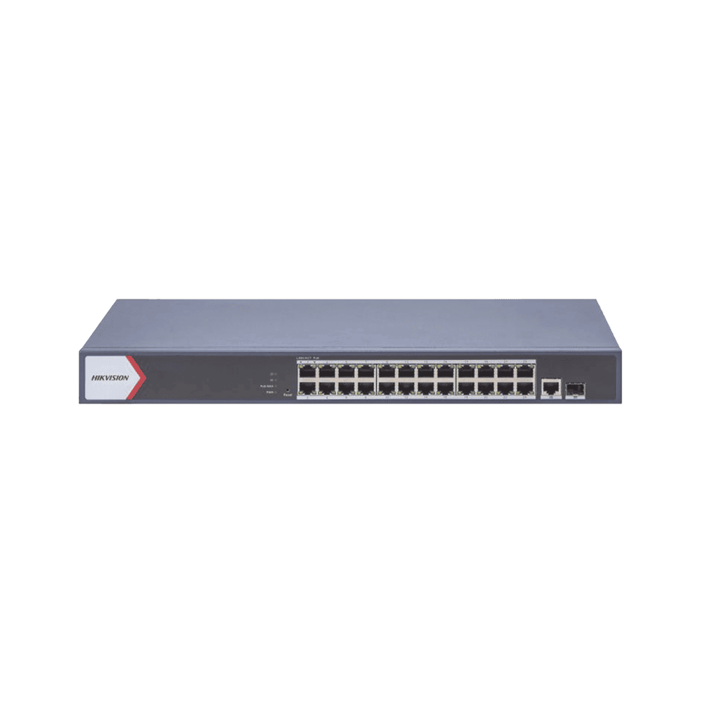 DS3E1526PEI-l Switch Gigabit PoE+ / Monitoreable / 24 Puertos 1000 Mbps PoE+ / 1 Puerto 100 uplink / 1 Puerto 1000 Mbps Uplink / 1 Puertos SFP Uplink / Configuración Nube desde Hik-PartnerPro / Modo Extendido hasta 300 Metros / 370 W DS-3E1526P-EI 1