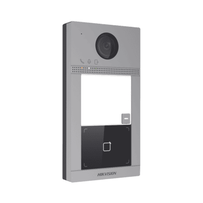 Videoportero IP 2 Megapixel / Llamada y Apertura Remota desde App Hik-Connect / PoE / Exterior IP65 + Antivandalico IK08 / 1 Departamento / Apertura con Tarjeta / Soporta 2 Puertas y hasta 6 Monitores