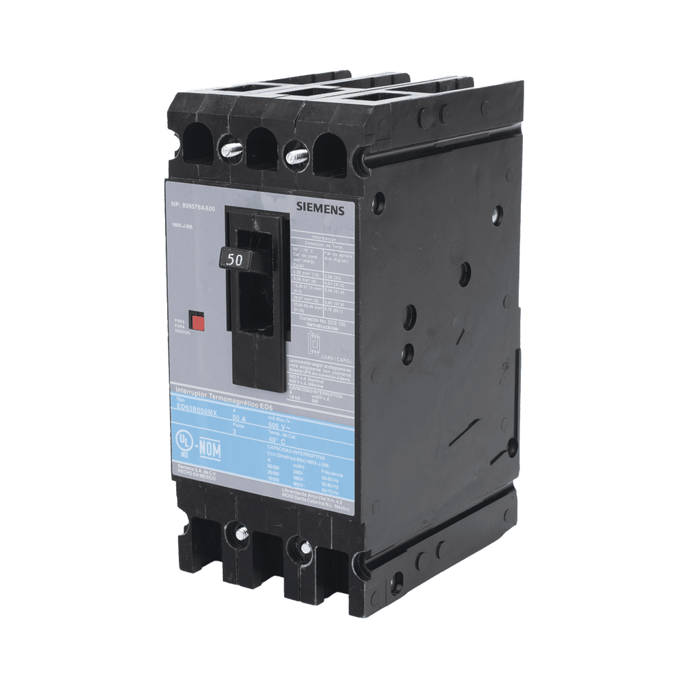 ED63B050MX-l Interruptor Termomagnético ED6 600V 3X50A, Sin zapatas principales. ED63B050MX 1
