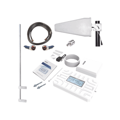 Kit PLUS de Amplificador de Señal Celular 5G / Penta Banda / Soporta 2G, 3G, 4G y 5G / Compatible con TELCEL, AT&T, MOVISTAR y OMV / Cobertura hasta 250 m2 / Incluye Antenas, Jumpers coaxiales y mástil.