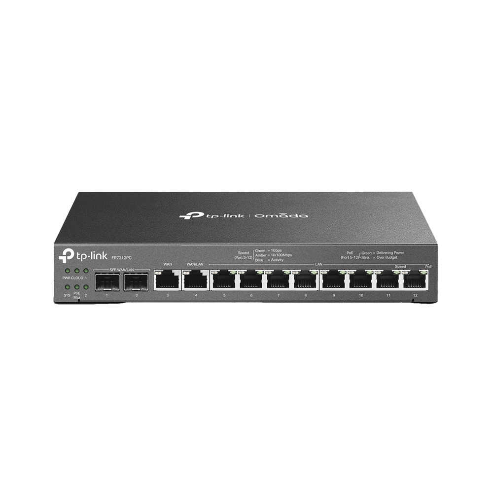 ER7212PC-l Router Omada VPN / SDN Multi-WAN 1G / Switch con PoE y Controlador / 2 puerto WAN/LAN SFP 1G / 1 Puerto RJ45 WAN / 1 Puerto WAN/LAN RJ45 / 8 Puertos PoE+ LAN RJ45 / 24,980 Sesiones Concurrentes ER7212PC 1