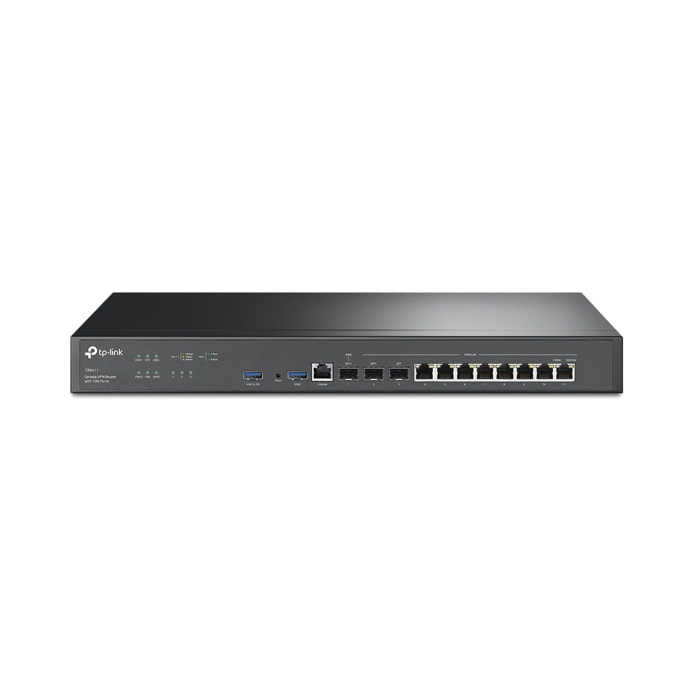 ER8411-FRENTE-l Router Omada VPN / SDN Multi-WAN 10G / 1 Puerto WAN SFP+ 10G / 1 Puerto WAN/LAN SFP+ 10G / 1 Puerto WAN/LAN SFP 1G / 8 puertos LAN/WAN 1G / 2 Puertos USB / 2.3 Millones Sesiones Concurrentes / Administración Centralizada OMADA SDN. ER8411 2