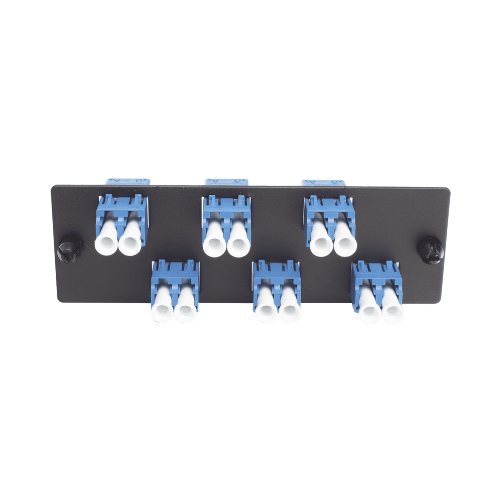 FAP6WBUDLCZ-FRENTE-l Placa Acopladora de Fibra Óptica FAP, con 6 Conectores LC Duplex (12 Fibras), para Fibra Monomodo OS1/OS2, Color Azul FAP6WBUDLCZ 2