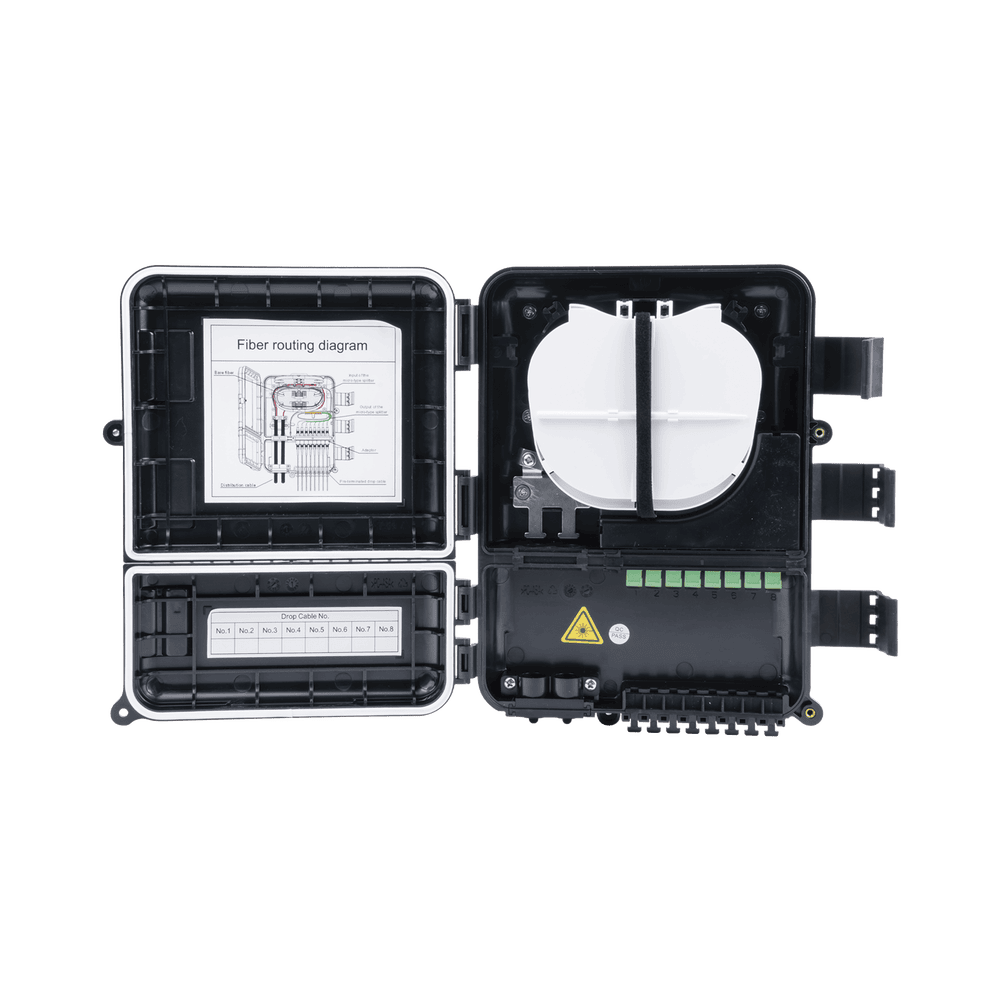 FDP440A-AD-5-l Caja de Distribución de Fibra Óptica para 24 Empalmes, con 8 acopladores SC/APC simplex, Exterior IP55, Color Negro FDP-440A 5