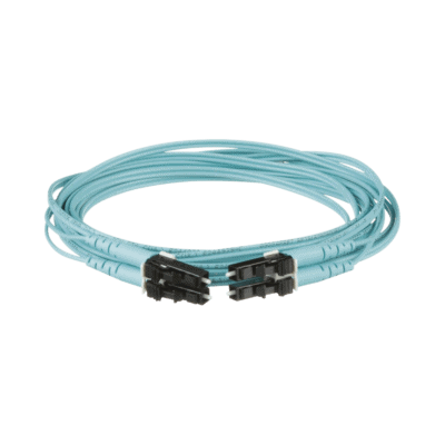 Jumper de Fibra Optica Multimodo 50/125 OM3, LC-LC Duplex, OFNR (Riser), Color Aqua, 9 Metros (29.53 Pies)