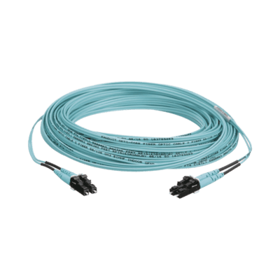 Jumper de Fibra Optica Multimodo 50/125 OM3, LC-LC Duplex, OFNR (Riser), Color Aqua, 15 Metros (49.21 Pies)