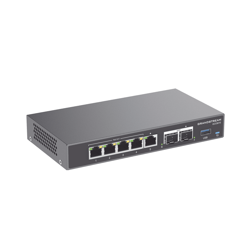 GCC6010-FRENTE-l 4 en 1: Firewall Nueva Generación, Router, PBX IP, Switch Gigabit de 5 Puertos (4 PoE) y 2 Puertos SFP 2.5 Gigabit GCC6010 2