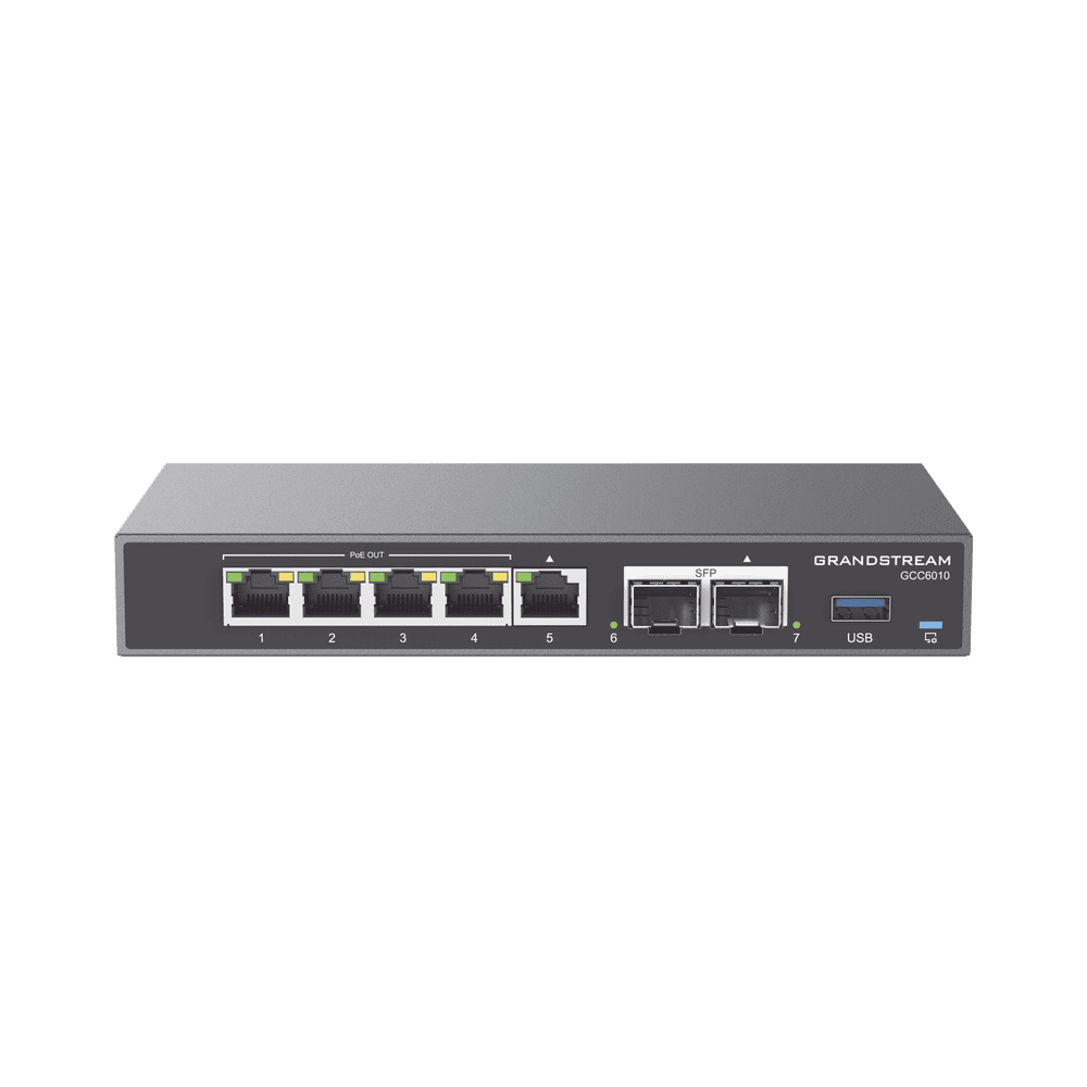 GCC6010-LAT-DER-l 4 en 1: Firewall Nueva Generación, Router, PBX IP, Switch Gigabit de 5 Puertos (4 PoE) y 2 Puertos SFP 2.5 Gigabit GCC6010 4