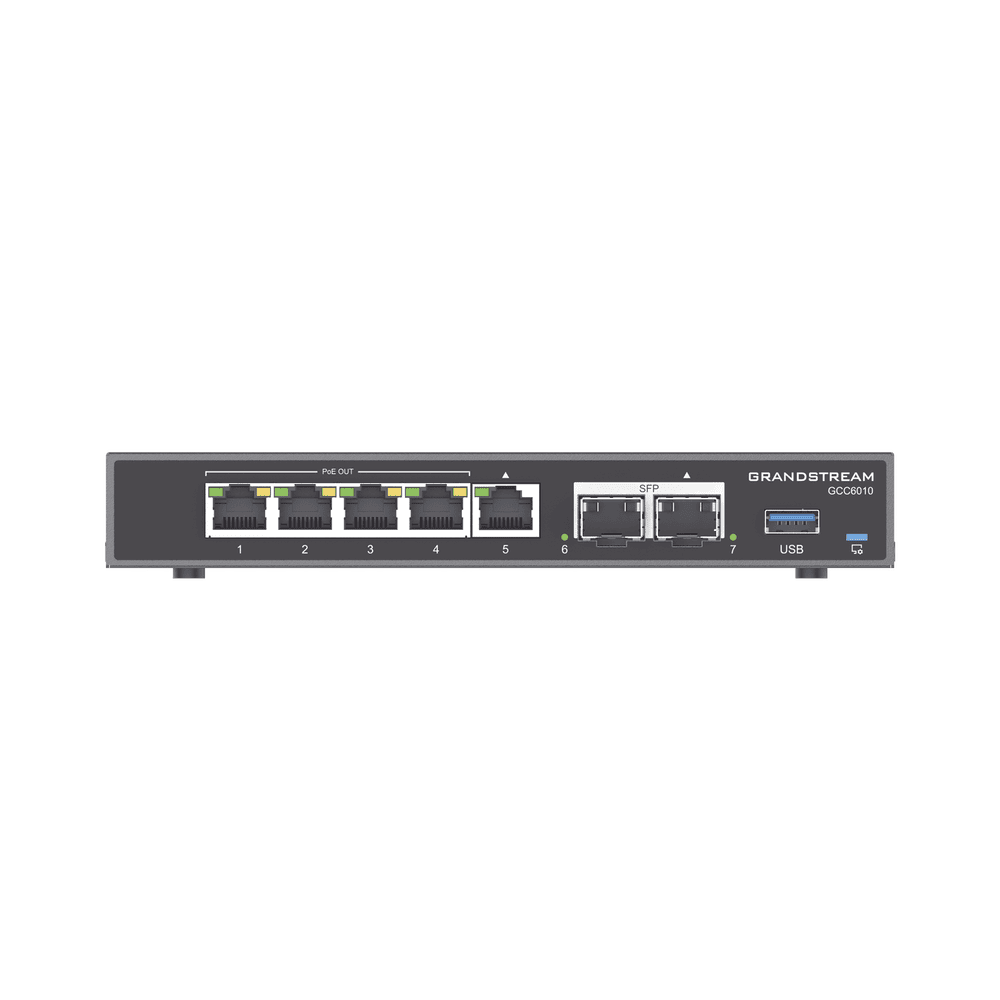 GCC6010-LAT-IZQ-l 4 en 1: Firewall Nueva Generación, Router, PBX IP, Switch Gigabit de 5 Puertos (4 PoE) y 2 Puertos SFP 2.5 Gigabit GCC6010 3