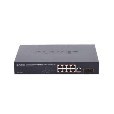 Switch Administrable Capa 2, 8 Puertos PoE 802.3af/at Gigabit, 140 W Max, 2 Puertos SFP, Modo Extendido Hasta 250 m, Soporta Administración en Nube CloudNMS ( HW Rev. 3.0 en Adelante).