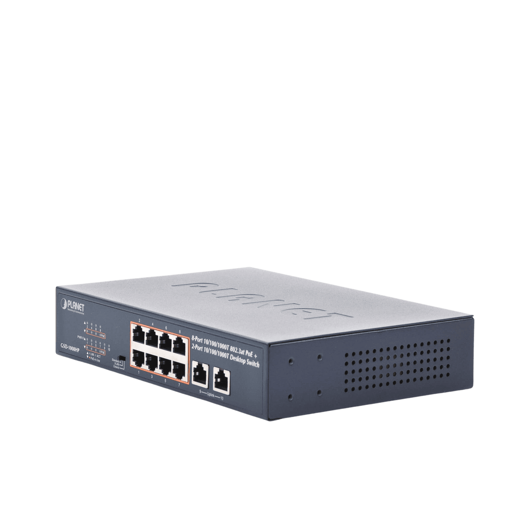 GSD1008HP-AD-2-l-1 Switch de Escritorio No Administrable / 8 Puertos 10/100/1000T PoE+ 802.3at / 2 Puertos Uplink 10/100/1000T / Presupuesto PoE 120 Watts / Modos Estándar, VLAN y Extend / Distancia Extendida 250 mts / Rackeable GSD-1008HP 3