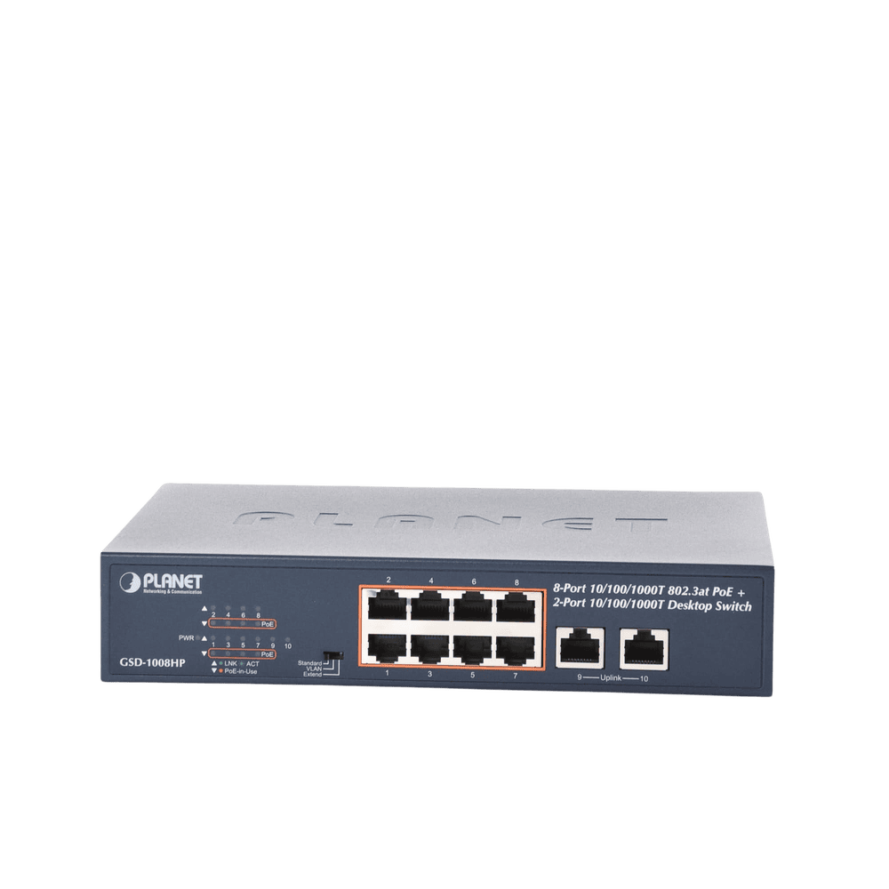 GSD1008HP-AD-3-l Switch de Escritorio No Administrable / 8 Puertos 10/100/1000T PoE+ 802.3at / 2 Puertos Uplink 10/100/1000T / Presupuesto PoE 120 Watts / Modos Estándar, VLAN y Extend / Distancia Extendida 250 mts / Rackeable GSD-1008HP 4