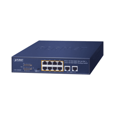 Switch de Escritorio No Administrable / 8 Puertos 10/100/1000T PoE+ 802.3at / 2 Puertos Uplink 10/100/1000T / Presupuesto PoE 120 Watts / Modos Estándar, VLAN y Extend / Distancia Extendida 250 mts / Rackeable