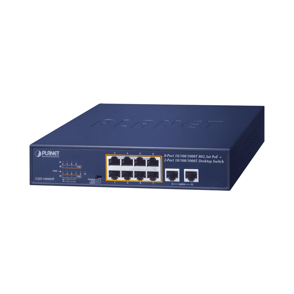 GSD1008HP-l-1 Switch de Escritorio No Administrable / 8 Puertos 10/100/1000T PoE+ 802.3at / 2 Puertos Uplink 10/100/1000T / Presupuesto PoE 120 Watts / Modos Estándar, VLAN y Extend / Distancia Extendida 250 mts / Rackeable GSD-1008HP 1