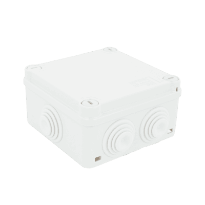 Caja Estanca de PVC Para Derivación y Conexión, 6 Entradas, Tapa con Tornillo de 1/4" de Vuelta, 100x100x50 mm (Área Interna), Uso Exterior IP55, Material que no Propaga el Fuego y Libre de Hálogenos