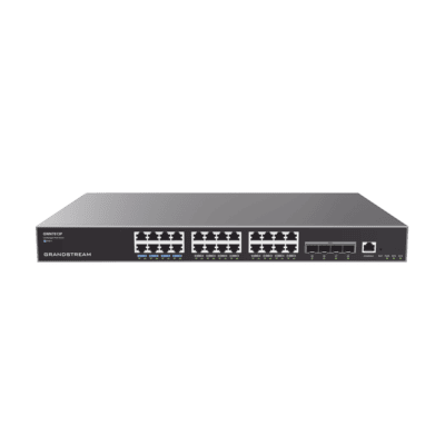 Switch Capa 3 PoE+ Administrable / 24 puertos 10/100/1000 Mbps + 4 Puertos SFP+ de 10 Gigabits / Hasta 360W / Compatible con GWN Cloud.