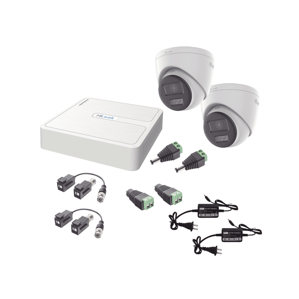HL1080P2ETWA-l Kit HiLook Audio Bidireccional TurboHD 1080p / DVR 4 Canales / 2 Cámaras Turret (Exterior) con Bocina y Microfóno Integrado / 2 Fuentes de Poder / Accesorios HL-1080P-2E-TWA 1