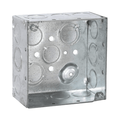 Caja Cuadrada Galvanizada  de 4" x 4", profundidad de 2 1/8". Cuenta con 10 KO de 1/2" y 6 TKO (1/2" - 3/4"))