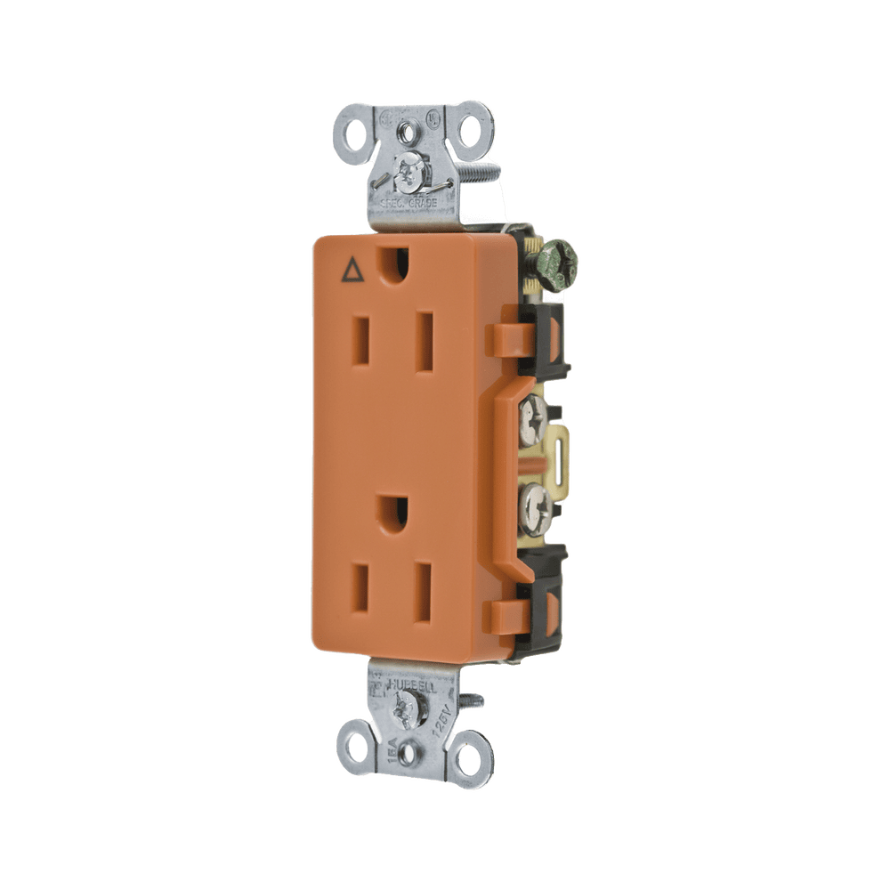 HUBIG15DR-l Contacto Dúplex Conexión a Tierra Aislada/ 15A 125V/ 2 polos 3 Hilos/ Nema 5-15R /Grado Comercial Decorativo/ Color Naranja. HUB-IG15DR 1
