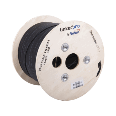 Carrete de 1 km de Fibra Óptica Drop, Interior/Exterior G.657A2 Monomodo de 2 hilos (bifibra), Diseñada para Fusionarse, Dieléctrica, Forro Negro , (No Soporta Conectores Mecánicos)