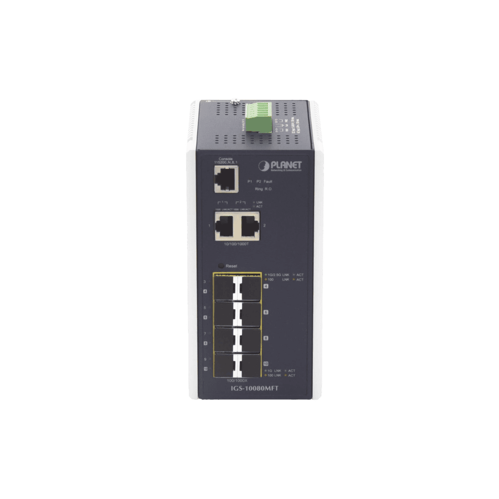 IGS10080MFT-l-1 Switch Industrial Administrable L2+, 8 Puertos 1G SFP, 2 Puertos TP Gigabit, (-40 ~75 grados C) IGS-10080MFT 1