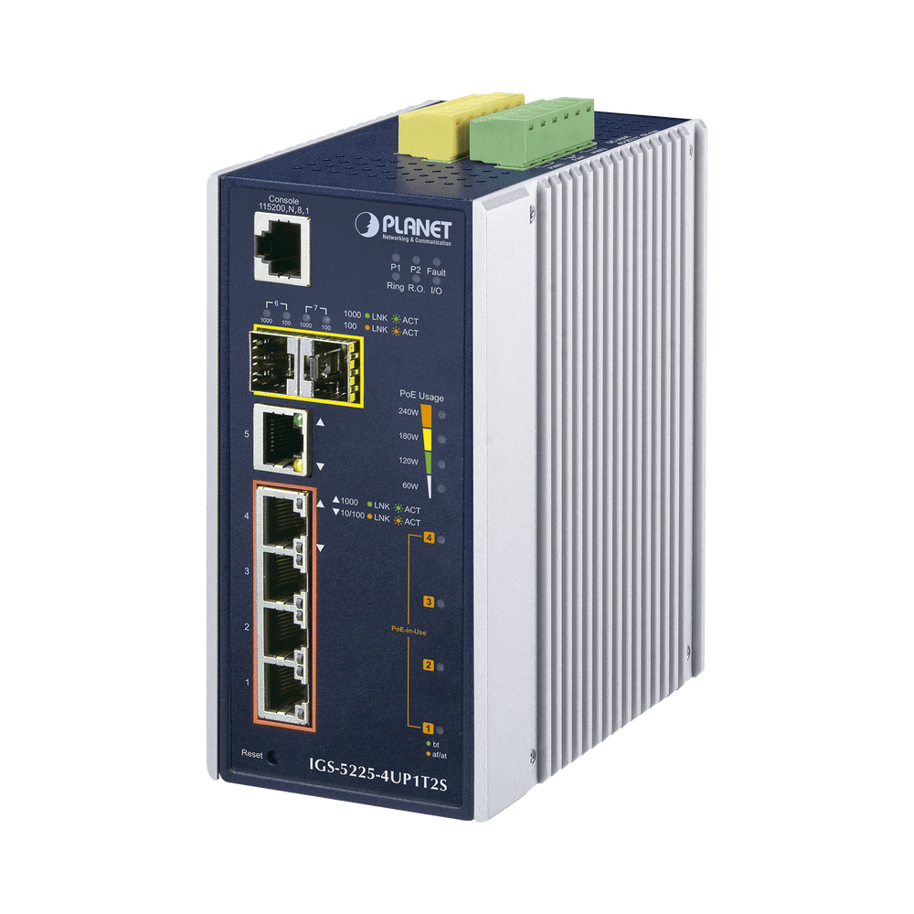 IGS52254UP1T2S-l Switch Industrial Administrable 4 Puertos Gigabit c/Ultra PoE 802.3af/at, 2 Puertos SFP IGS-5225-4UP1T2S 1