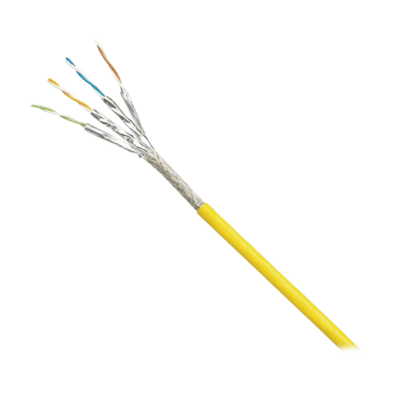 Bobina de Cable Blindado S/FTP Categoría 6A, Uso Industrial con Resistencia al Aceite, Rayos UV y Abrasión, Multifilar (Flexible), Color Amarillo, Bobina de 500 Metros (1640 Pies)