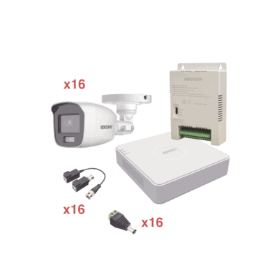 Kit TurboHD 1080p Lite / DVR 16 Canales / 16 Cámaras Bala Exterior ( 2.8mm) con ColorVu + Micrófono Integado / Transceptores / Conectores / Fuente de Poder Profesional