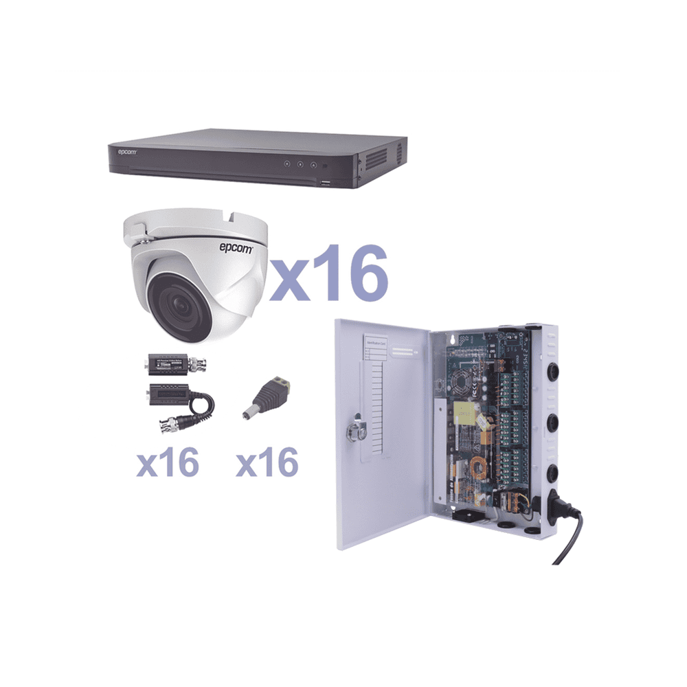 KEVTX8T16EW-l KIT TurboHD 1080p / DVR 16 Canales / 16 Cámaras Eyeball (exterior 2.8 mm) / Transceptores / Conectores / Fuente de Poder Profesional KEVTX8T16EW 1
